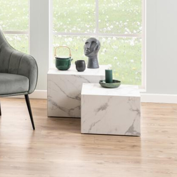 Delft Wooden Square Nesting Coffee Tables In White Marble Effect