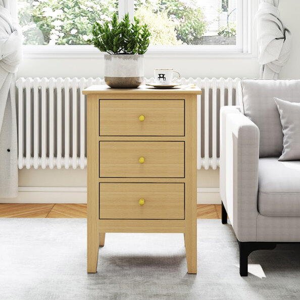 Delmira Wooden Bedside Cabinet with 3 Drawers in Oak