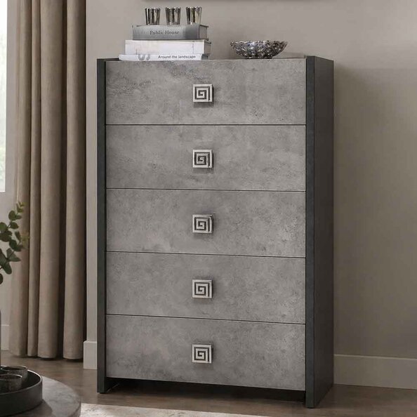 Delora High Gloss Chest of 5 Drawers in Grey Stone Effect