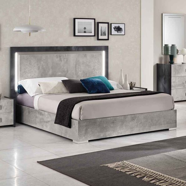 Delora High Gloss Super King Size Bed in Grey Stone Effect and LED