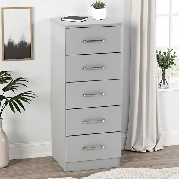 Delrion Narrow Wooden Chest Of 5 Drawers in Light Grey