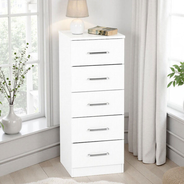 Delrion Narrow Wooden Chest Of 5 Drawers in White