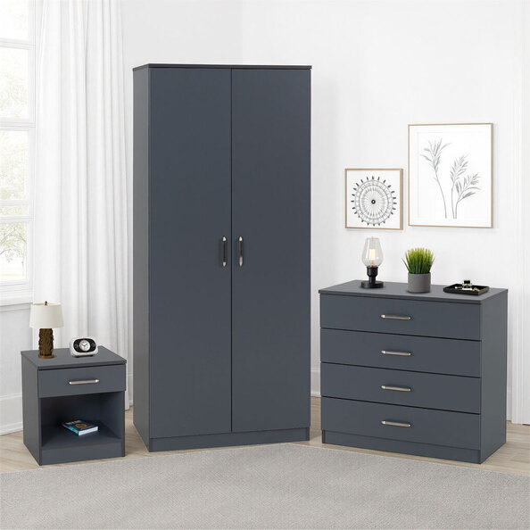 Delrion Wooden Bedroom Furniture Set with 2 Doors 5 Drawers in Dark Grey