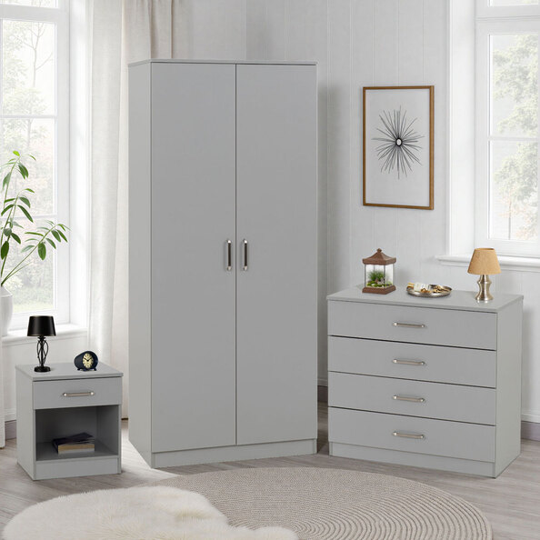 Delrion Wooden Bedroom Furniture Set with 2 Doors 5 Drawers in Light Grey