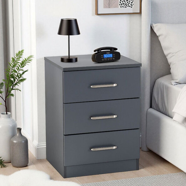 Delrion Wooden Bedside Cabinet with 3 Drawers in Dark Grey