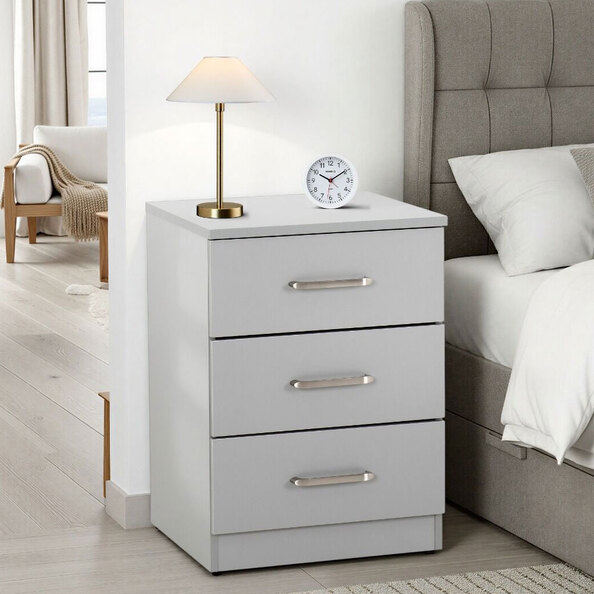 Delrion Wooden Bedside Cabinet with 3 Drawers in Light Grey