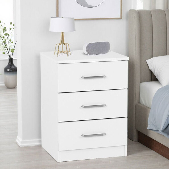 Delrion Wooden Bedside Cabinet with 3 Drawers in White