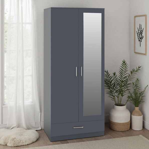 Delrion Wooden Wardrobe with 1 Glass Door 1 Drawer in Dark Grey