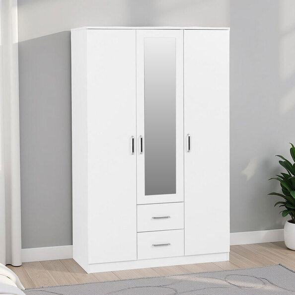 Delrion Wooden Wardrobe with 1 Glass Door 2 Drawers in White