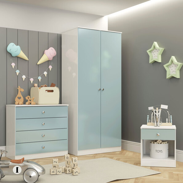Delvian High Gloss Effect Bedroom Furniture Set with 2 Doors 5 Drawers in White and Blue