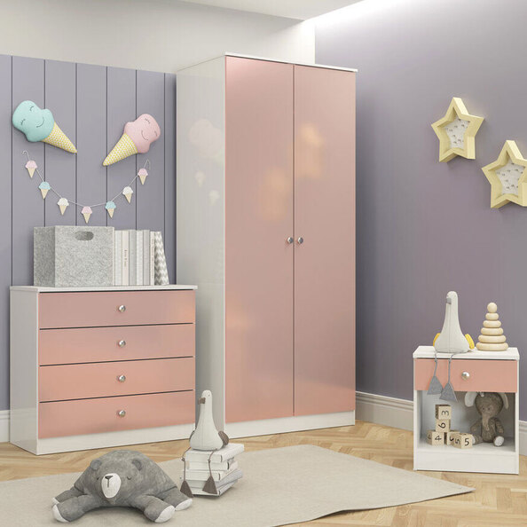 Delvian High Gloss Effect Bedroom Furniture Set with 2 Doors 5 Drawers in White and Pink