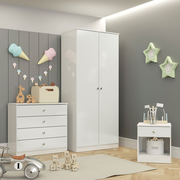 Delvian High Gloss Effect Bedroom Furniture Set with 2 Doors 5 Drawers in White