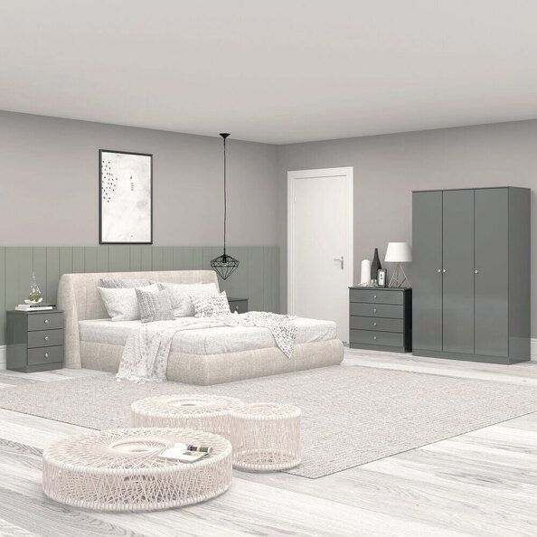 Delvian High Gloss Effect Bedroom Furniture Set with 3 Doors 10 Drawers in Grey
