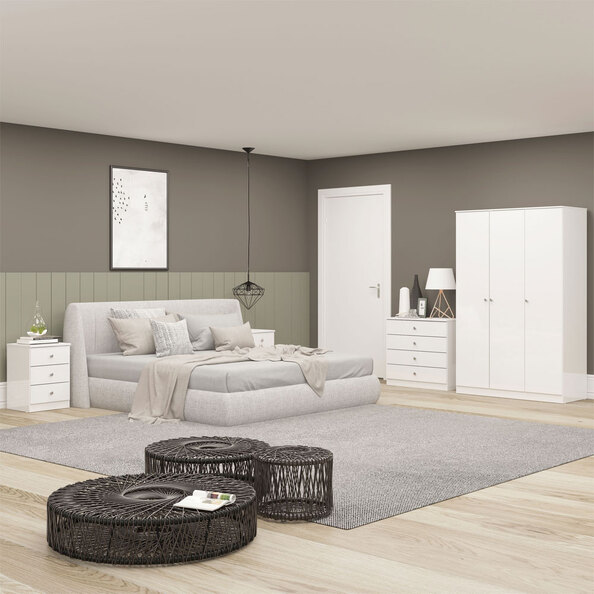 Delvian High Gloss Effect Bedroom Furniture Set with 3 Doors 10 Drawers in White