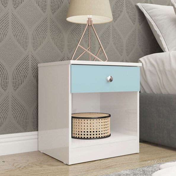 Delvian High Gloss Effect Bedside Cabinet in White and Blue