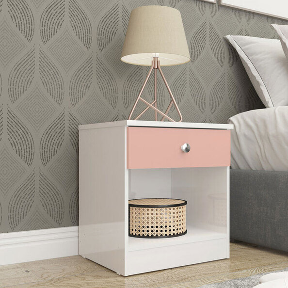 Delvian High Gloss Effect Bedside Cabinet in White and Pink