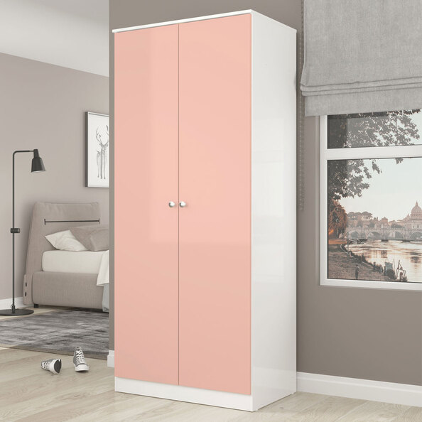 Delvian High Gloss Effect Wardrobe with 2 Doors in White and Pink