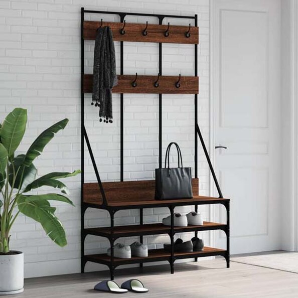 Fremont Wooden Coat Stand With 2 Shelves In Brown Oak