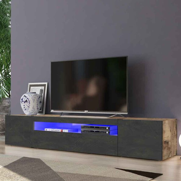 Denton Wooden TV Stand With 1 Door And LED Light In Pereira Maple And Slate