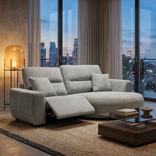 Denvia Fabric Electric Recliner Right Hand Corner Sofa in Grey