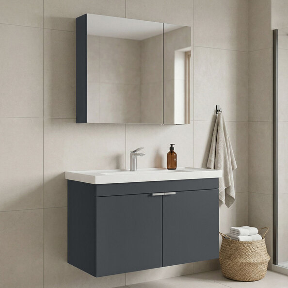 Desna 900mm Wooden Wall Mounted Bathroom Furniture Set with 4 Doors in Matte Anthracite