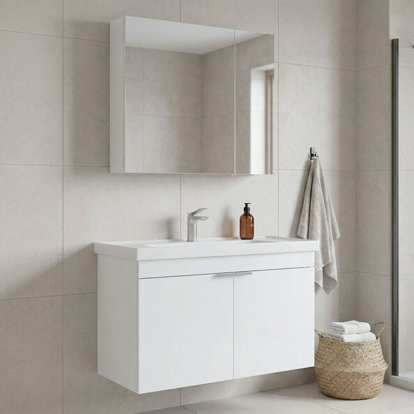 Desna 900mm Wooden Wall Mounted Bathroom Furniture Set with 4 Doors in Matte White