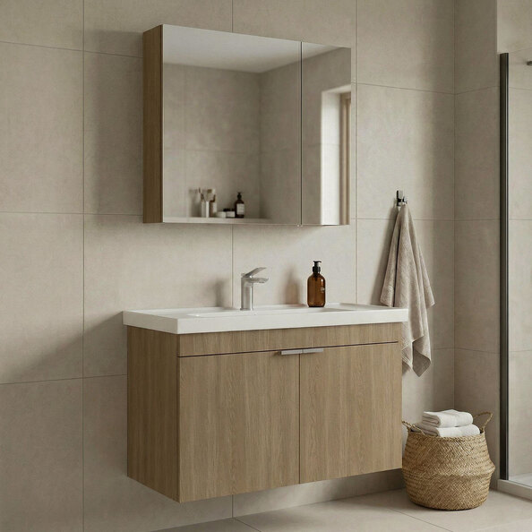 Desna 900mm Wooden Wall Mounted Bathroom Furniture Set with 4 Doors in Oak