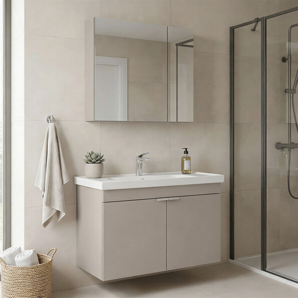 Desna 900mm Wooden Wall Mounted Bathroom Furniture Set with 4 Doors in Sand