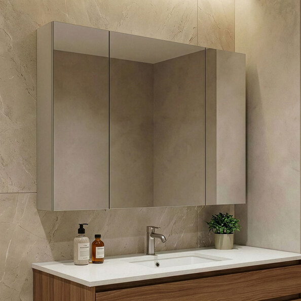 Desna Wooden Wall Mounted Bathroom Mirror Cabinet with 3 Doors Sand
