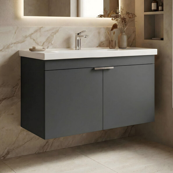 Desna 900mm Wooden Wall Mounted Vanity Unit & Basin with 2 Doors in Matte Anthracite