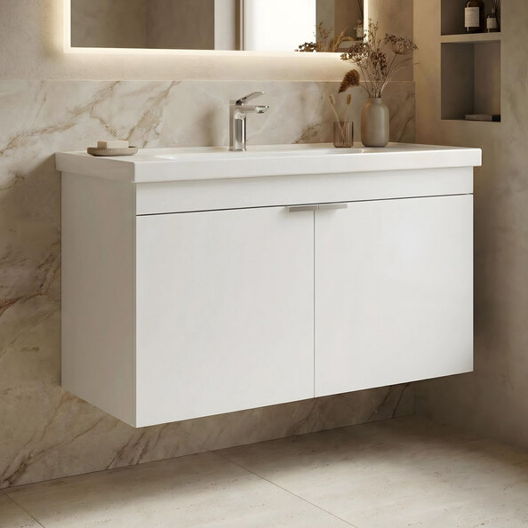 Desna 900mm Wooden Wall Mounted Vanity Unit & Basin with 2 Doors in Matte White