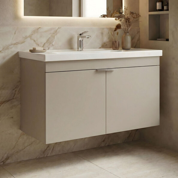Desna 900mm Wooden Wall Mounted Vanity Unit & Basin with 2 Doors in Sand