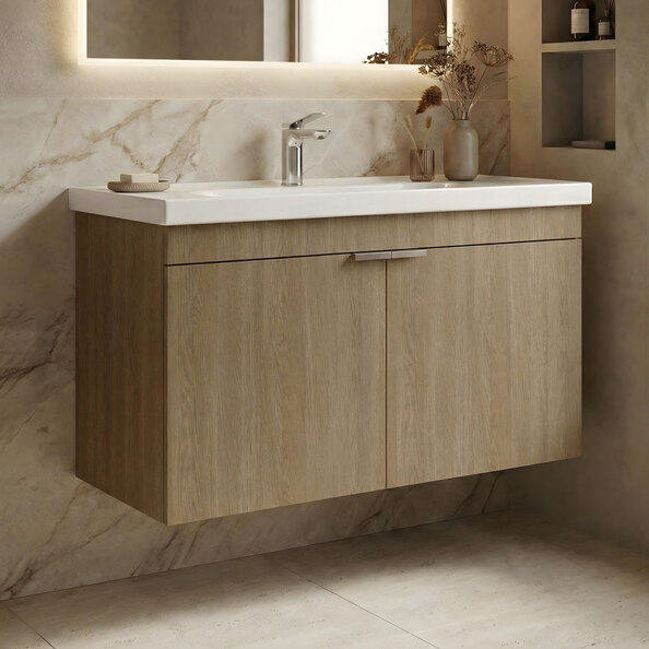 Desna 900mm Wooden Wall Mounted Vanity Unit & Basin with 2 Doors in Sonoma Oak