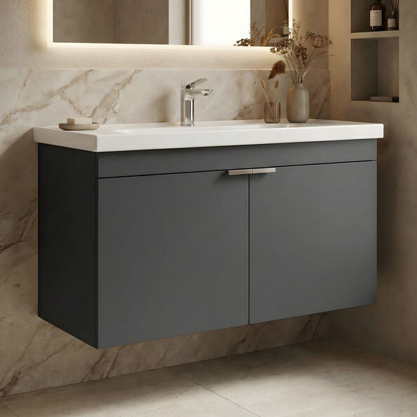 Desna 1000mm Wooden Wall Mounted Vanity Unit & Basin with 2 Doors in Matte Anthracite
