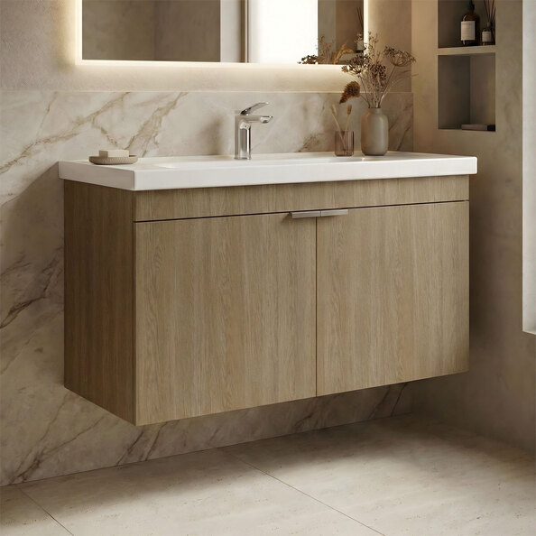 Desna 1000mm Wooden Wall Mounted Vanity Unit & Basin with 2 Doors in Sonoma Oak