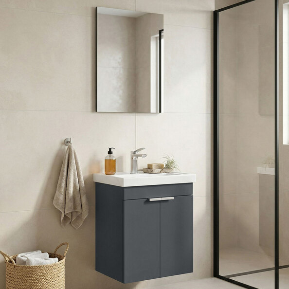 Desna Wooden Wall Mounted Vanity Unit & Basin with Mirror in Matte Anthracite