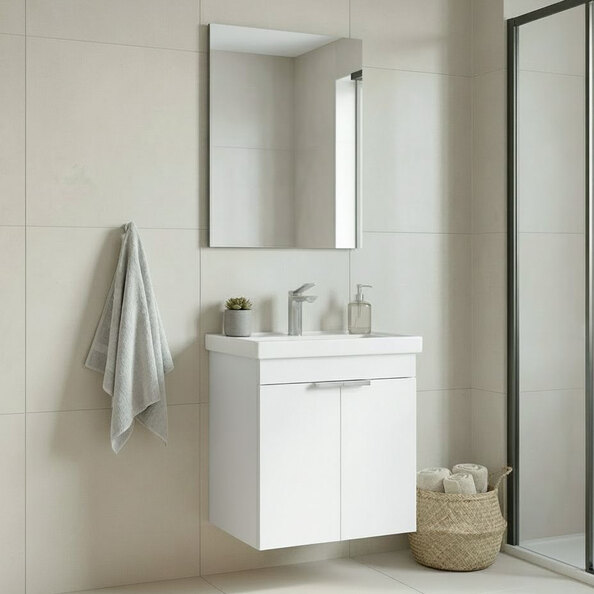 Desna Wooden Wall Mounted Vanity Unit & Basin with Mirror in Matte White