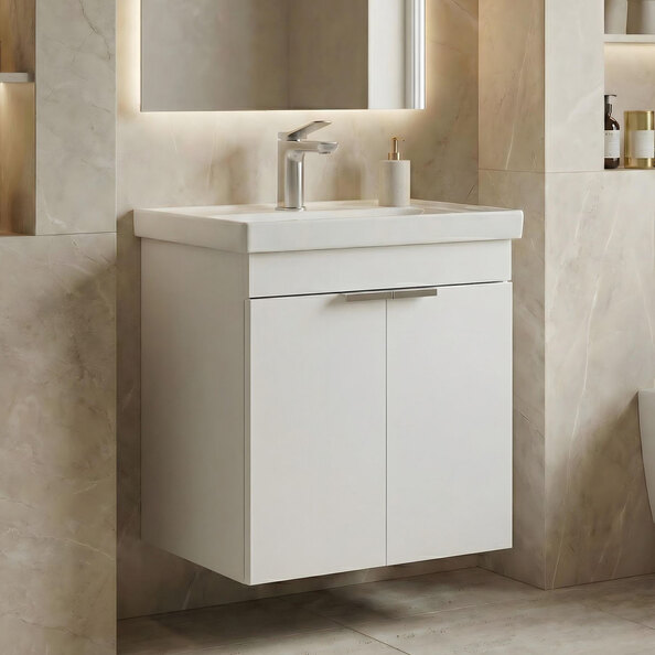 Desna 500mm Wooden Wall Mounted Vanity Unit & Basin with 2 Doors in Matte White