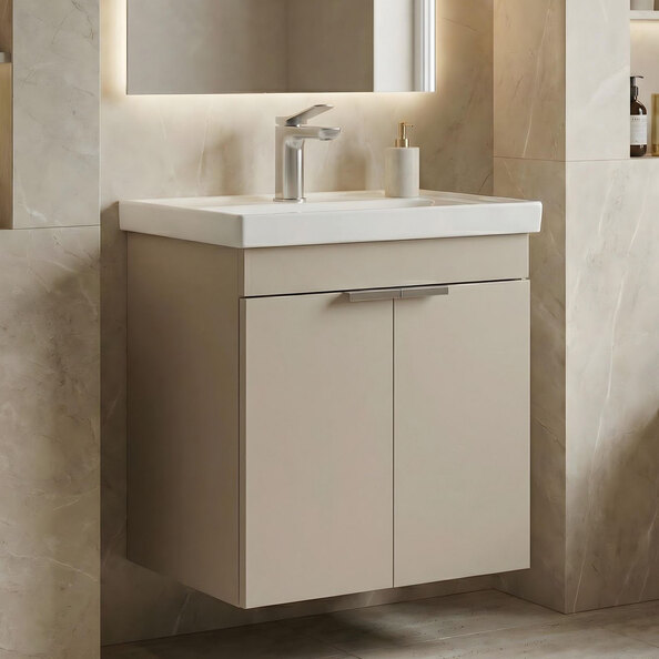 Desna 500mm Wooden Wall Mounted Vanity Unit & Basin with 2 Doors in Sand