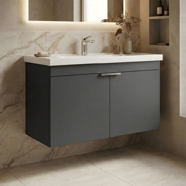 Desna 800mm Wooden Wall Mounted Vanity Unit & Basin with 2 Doors in Matte Anthracite