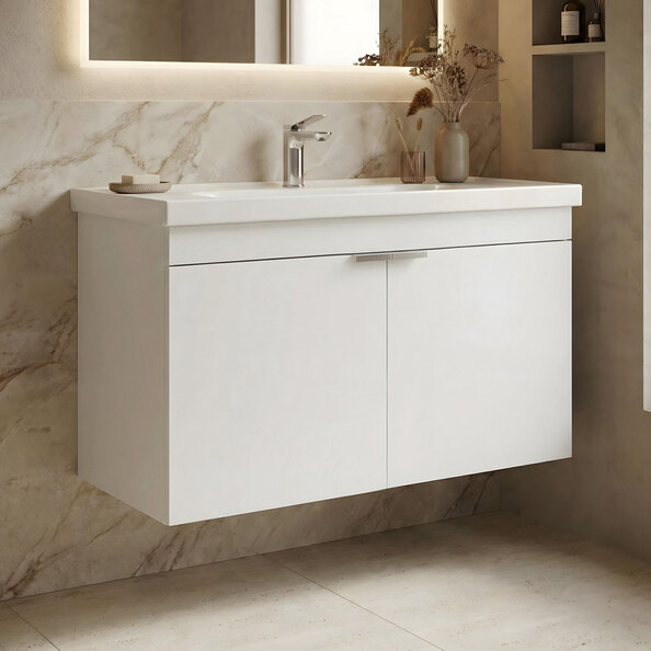 Desna 800mm Wooden Wall Mounted Vanity Unit & Basin with 2 Doors in Matte White