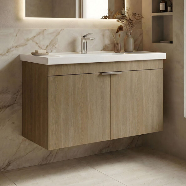 Desna 800mm Wooden Wall Mounted Vanity Unit & Basin with 2 Doors in Sonoma Oak