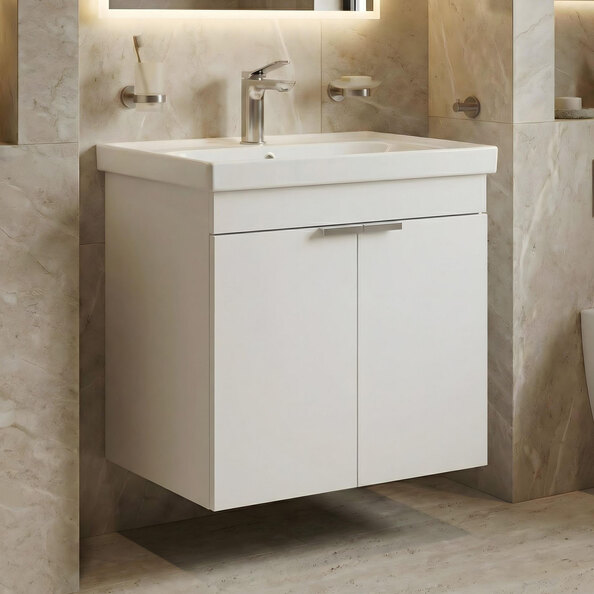 Desna 600mm Wooden Wall Mounted Vanity Unit & Basin with 2 Doors in Matte White