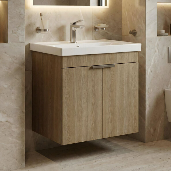 Desna 600mm Wooden Wall Mounted Vanity Unit & Basin with 2 Doors in Sonoma Oak
