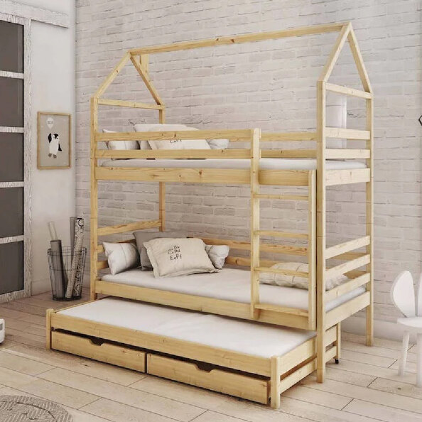 Detroit Wooden Bunk Bed With Foam Mattress And Trundle In Pine