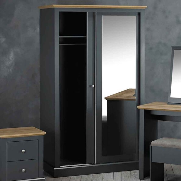Devan Wooden Sliding Wardrobe With 2 Doors - Charcoal And Oak