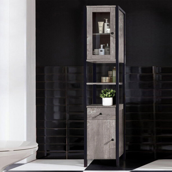 Devrano Wooden Bathroom Storage Cabinet in Concrete and Black