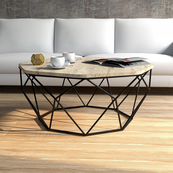Diamond Travertine Marble Effect Coffee Table with Black Metal Base