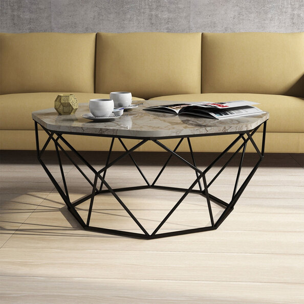 Diamond White Marble Effect Coffee Table with Black Metal Base