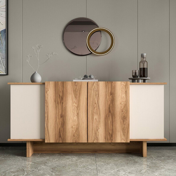 Diana Wooden Sideboard with 4 Doors in Sand and Walnut